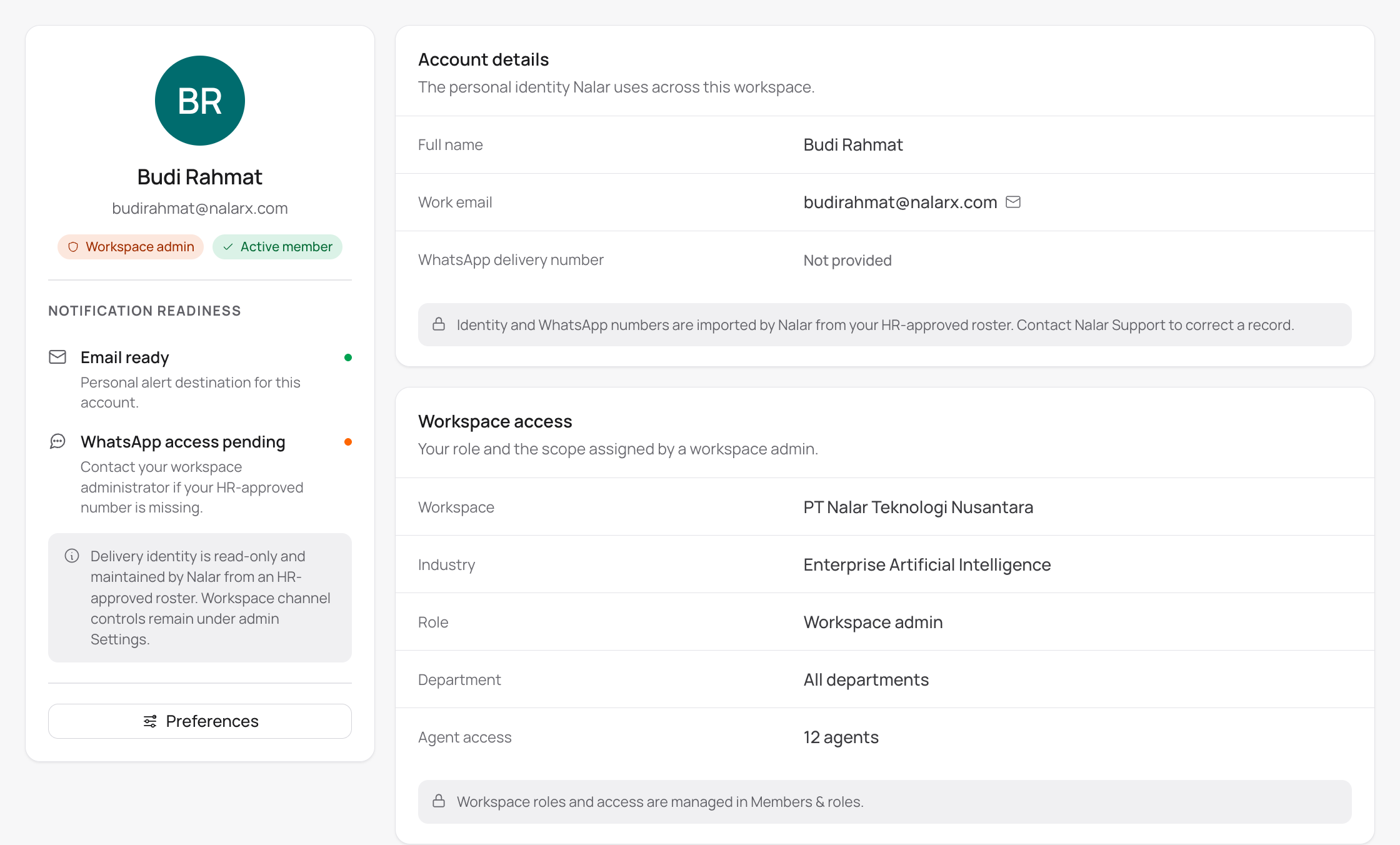 A Profile page showing account details, notification readiness, workspace access, and quick actions
