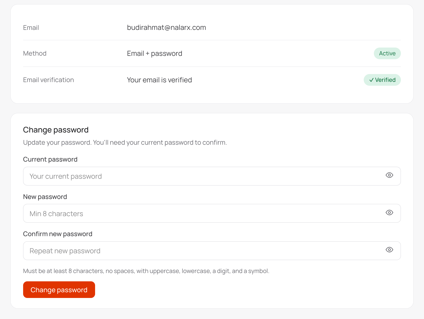 SSO & Auth showing the sign-in method, email verification, and the Change password form