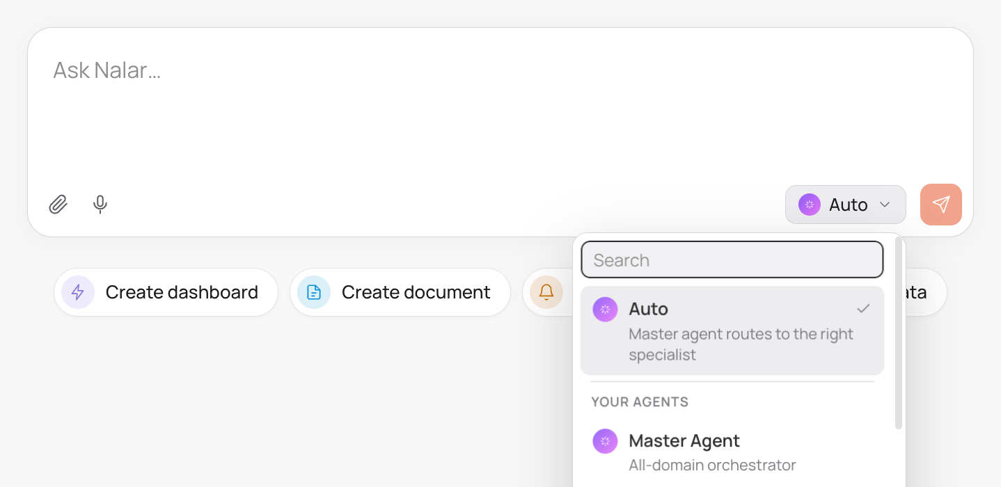 The Agent selector open, showing Auto at the top and the Agents you can use below it