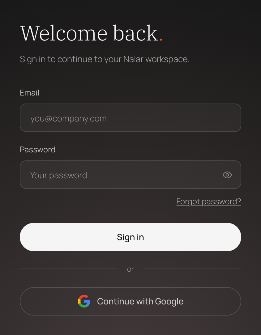 The Nalar sign-in page, with Email and Password fields, a Forgot password link, a Sign in button, and Continue with Google