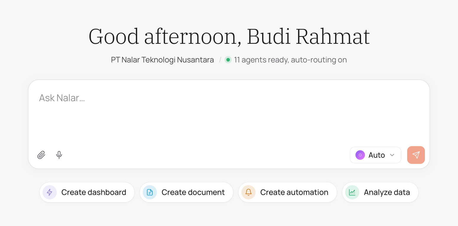 Chat home in Nalar, with a greeting, the message box, and four starting actions